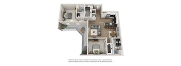 A floor plan of a two-bedroom apartment with a living room, kitchen, and bathroom.