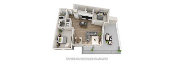 A 3D floor plan of a house with a living room, kitchen, and two bedrooms.