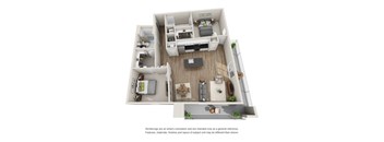 A 3D rendering of a modern apartment layout.