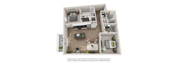 A 3D rendering of a modern apartment layout with a living room, kitchen, and two bedrooms.
