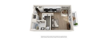 A 3D rendering of a small apartment layout with a kitchen, living room, and bathroom.