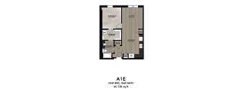 A floor plan of a one bedroom apartment with one bathroom.