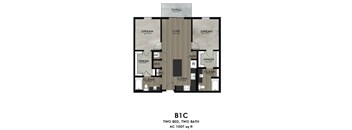 A floor plan of a two bedroom, two bath apartment.