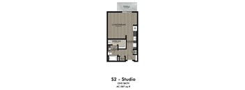 A floor plan of a studio apartment with one bath and 587 square feet.