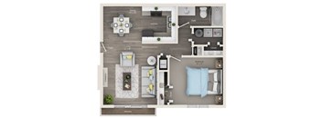 A floor plan of a house showing a living room, dining room, kitchen, and two bedrooms.