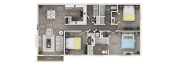 A floor plan of an apartment with two bedrooms, a living area, a kitchen, a bathroom, a dining area, and a balcony.