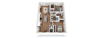A 3D floor plan of a house with a living room, kitchen, dining room, and two bedrooms.