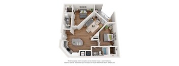 A 3D floor plan of a house with a kitchen, living room, and bedrooms.