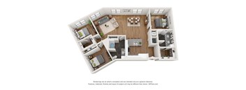 A 3D floor plan of a house with a living room, kitchen, dining room, and two bedrooms.