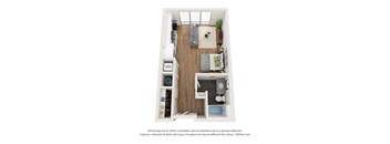 A small apartment with a kitchen, living room, and bathroom.