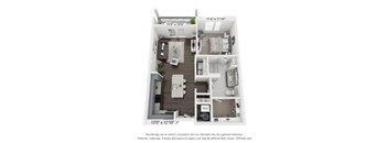 A 3D floor plan of a small apartment with a kitchen, living room, and bathroom.