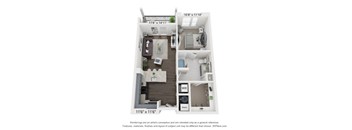 A 3D floor plan of a small apartment with a living room, kitchen, and bathroom.