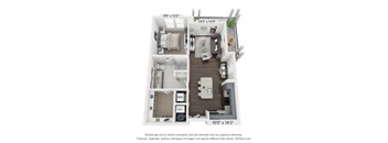 A 3D floor plan of a small apartment with a kitchen, living room, and bedroom.