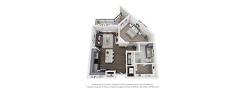 A 3D floor plan of a small apartment with a kitchen, living room, and bathroom.