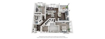 A 3D floor plan of a house with a living room, kitchen, and two bedrooms.