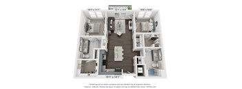 A 3D floor plan of a small apartment with a kitchen, living room, and bedrooms.
