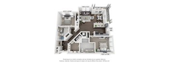 A 3D floor plan of a two-bedroom apartment.