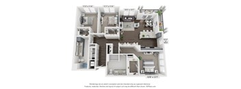 A 3D floor plan of a small apartment with a kitchen, living room, and two bedrooms.