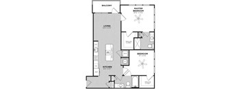 A black and white image of a house floor plan with a balcony, living room, kitchen, and two bedrooms.