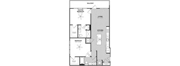 A black and white image of a floor plan for a home with a balcony, master bedroom, living room, kitchen, and two bedrooms.