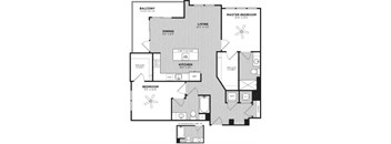 A black and white floor plan of an apartment with a balcony, two bedrooms, a living room, a dining room, a kitchen, and a master bedroom.