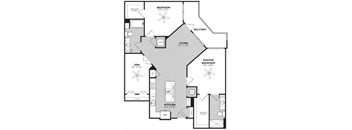 A black and white image of a house floor plan with a living room, kitchen, two bedrooms, a balcony, and a den.