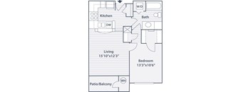 A floor plan of a small apartment with a living room, kitchen, bathroom, bedroom and a patio.