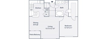 A floor plan of a house with a kitchen, bath, dining area, living room, bedroom and patio.