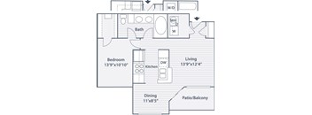 A floor plan of a living space with a bedroom, kitchen, dining area, and bathroom.