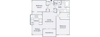 A floor plan of a home with a living room, two bedrooms, a bathroom, a kitchen, a dining room, and a patio/balcony.