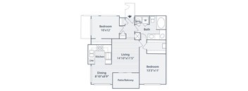 A floor plan of a home with a living room, two bedrooms, a bathroom, a kitchen, a dining room, and a patio/balcony.