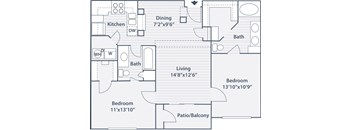 A floor plan of a house with a living room, two bedrooms, a dining area, a kitchen, and two bathrooms.