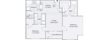 A floor plan of a house with a living room, two bedrooms, a patio/balcony, a bathroom, and a kitchen.