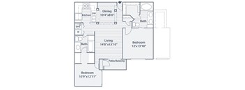A floor plan of a home with a living room, dining room, kitchen, and three bedrooms.