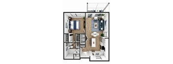 A top-down view of a small apartment with a kitchen, living room, and bathroom.