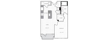 A floor plan of a house with a laundry room, kitchen, living room, bedroom, bathroom, and closet.