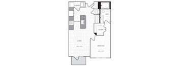 A floor plan of a small apartment with a living room, kitchen, bedroom, bathroom, and laundry area.