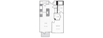A floor plan of a small apartment with a living room, bedroom, kitchen, and bathroom.