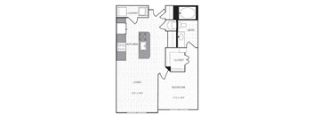 A floor plan of a small apartment with a living room, kitchen, bathroom, and bedroom.