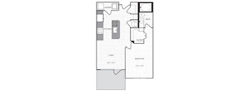 A floor plan of a small apartment with a living room, bedroom, kitchen, and bathroom.