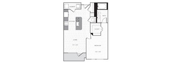 A floor plan of a small apartment with a living room, kitchen, bathroom, bedroom, and closet.