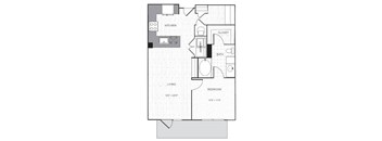 A floor plan of a small apartment with a living room, bedroom, kitchen, and bathroom.