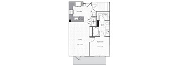 A floor plan of a small apartment with a living room, bedroom, bathroom, kitchen, and closet.
