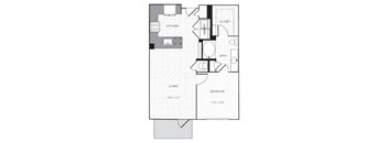 A floor plan of a small apartment with a living room, bedroom, kitchen, and bathroom.
