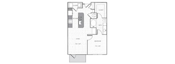 A floor plan of a small apartment with a living room, kitchen, bedroom, bathroom, and laundry area.