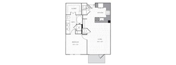 A floor plan of a small apartment with a bedroom, bathroom, kitchen, and living room.