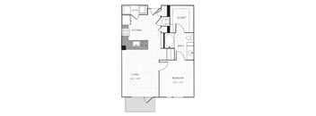 A floor plan of a small apartment with a living room, kitchen, bathroom, bedroom, and closet.