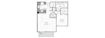 A floor plan of a small apartment with a living room, kitchen, bathroom, bedroom, and laundry area.
