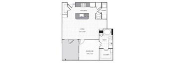 A floor plan of a small apartment with a kitchen, living room, bedroom, bathroom, and laundry room.
