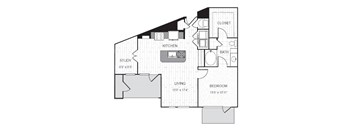 A floor plan of a house with a living room, bedroom, study, kitchen, and bathroom.